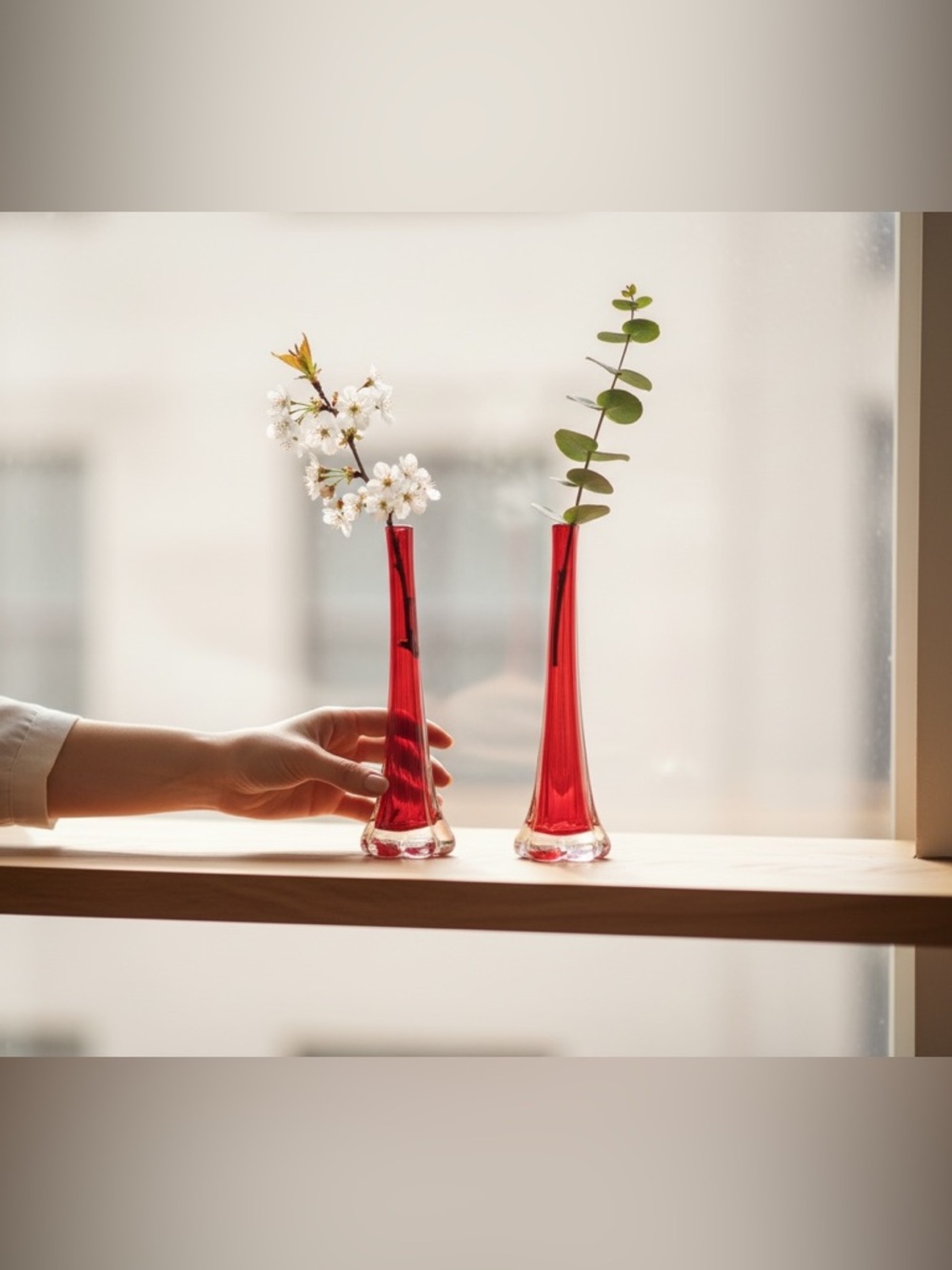 Vintage Red Blown Glass Bud Vases Art Glass Neck Stretch Floral Romantic Accents